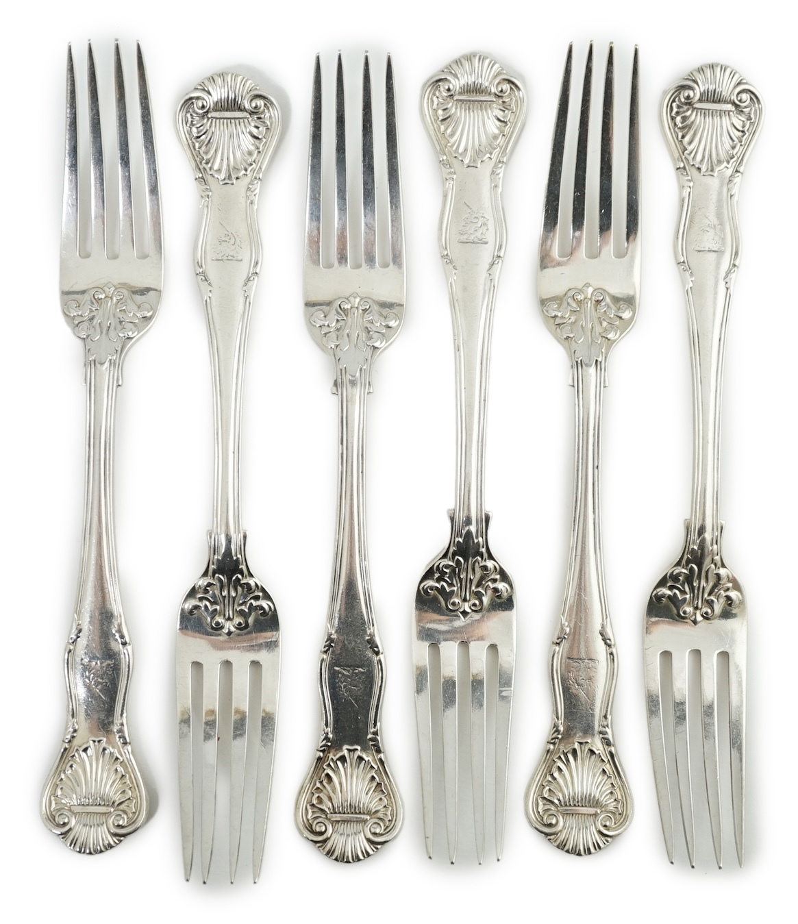 Six Victorian silver Kings pattern table forks, by George William Adam, London, five 1848, one 1863